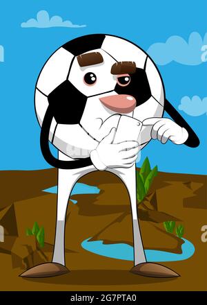 Pallone da calcio con un telefono cellulare. Palla da calcio tradizionale come un personaggio cartoon con volto. Illustrazione Vettoriale