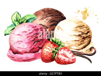 Tre cucchiai di gelato alla fragola, alla vaniglia e al cioccolato con frutti di bosco e menta. Immagine disegnata a mano con acquerello, isolata su sfondo bianco Foto Stock