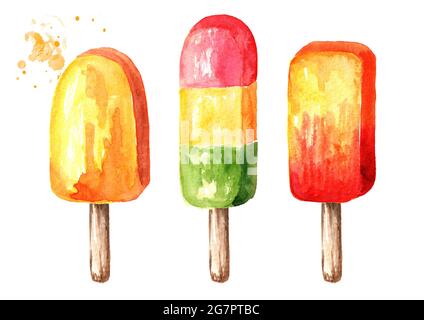 Set per gelato. Immagine disegnata a mano con acquerello, isolata su sfondo bianco Foto Stock