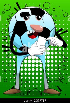 Pallone da calcio con un telefono cellulare. Palla da calcio tradizionale come un personaggio cartoon con volto. Illustrazione Vettoriale