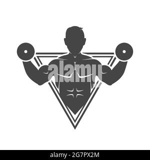 Silhouette dettagliata con sistema di sollevamento pesi. Emblema della palestra. Badge etichetta sport club fitness. Illustrazione vettoriale. Illustrazione Vettoriale