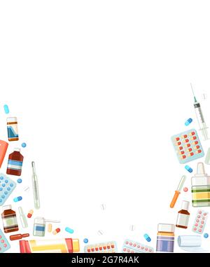 Struttura farmaci. Illustrazione con pillole, capsule, termometro, siringa, unguento. Farmaci. Ambulanza. Isolato sullo sfondo. Design piatto. V Illustrazione Vettoriale