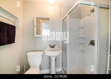 Interno di un piccolo bagno bianco con box doccia sul lato Foto Stock