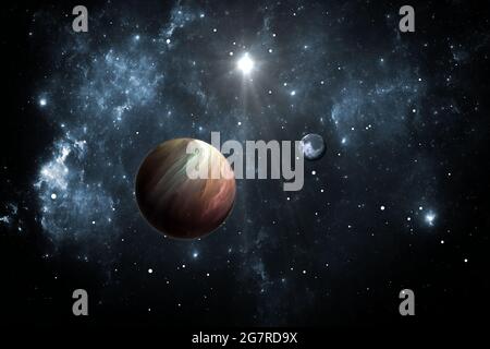 Exopianeti o pianeti extrasolari con stelle su sfondo nebula, 3D illustrazione Foto Stock