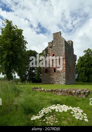 Greenknowe Tower una casa a torre del XVI secolo vicino a Gordon, ai confini scozzesi in un giorno estivo. Foto Stock