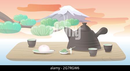Concetto di tè del Giappone. La gente piccola sta lavorando su una pentola grande del tè. Monte Fuji al tramonto. Illustrazione vettoriale. Illustrazione Vettoriale