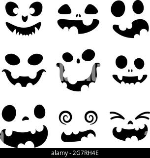 Set di volti spaventosi e divertenti per la zucca o fantasma di Halloween. Jack-o-lanterna espressioni facciali. Raccolta semplice spaventoso horror di zucche volti. ISO Illustrazione Vettoriale