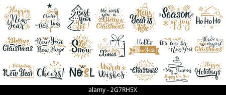 Citazioni allegre di lettere natalizie. Felice anno nuovo auguri di festa invernale, Natale lettere natalizie frasi vettoriali illustrazione set. Mano di Natale Illustrazione Vettoriale