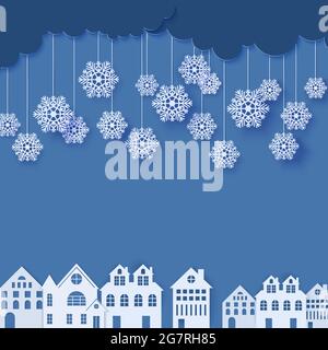 Fiocchi di neve su corde appese su case in stile taglio di carta. Nuvole nel cielo notturno blu e gli edifici della città. Concetto invernale Vector papercut. Allegro Illustrazione Vettoriale