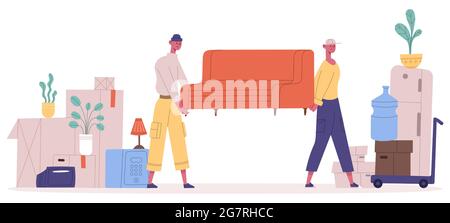 Nuova casa in movimento. Personaggi del servizio di riposizionamento che trasportano divani e cassette per la casa, mover tirando mobili illustrazione vettoriale. Persone che si muovono nuove Illustrazione Vettoriale