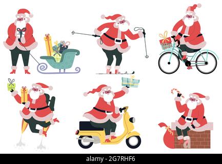 Consegna Babbo Natale. Carino personaggio di Santa che consegna regali natalizi con moto, slitta e mopied vettore illustrazione set. Regali di Natale Illustrazione Vettoriale