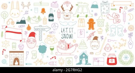 Natale Doodles disegnati a mano. Carino elementi vacanze natalizie invernali, albero di Natale, renne e Babbo Natale vettore illustrazione insieme. Xmas disegnati a mano Illustrazione Vettoriale