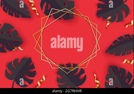 Foglie tropicali nere estive e serpentina d'oro in stile taglio di carta. Craft giungla piante raccolta su sfondo rosso con cornice geometrica e. Illustrazione Vettoriale