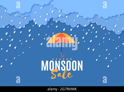 Ombrello pioggia e nuvole nel taglio di carta stile. Vettore tempesta concetto di tempo con gocce d'acqua in caduta dal cielo nuvoloso. Tempesta di vendita monsonica Illustrazione Vettoriale