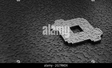 rendering 3d di cubi metallici a forma di simbolo di ritaglio cornice color argento chiaro su cubi scuri con casualità Foto Stock