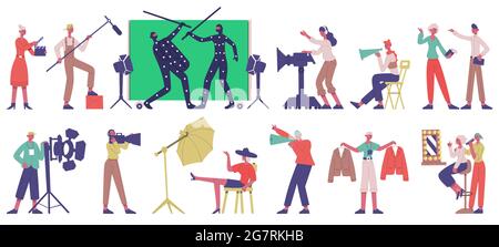 Produzione di film. Location per riprese cinematografiche, attori e regia cinematografica nel set di illustrazioni vettoriali per il processo di produzione cinematografica. Produzione di film Illustrazione Vettoriale