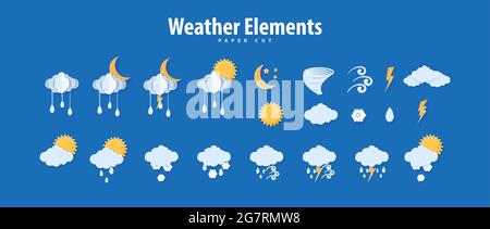 Icone meteo in stile di taglio della carta. Vettore carta carve elementi climatici nuvole pioggia sole luna tornado tuono per la progettazione di poster meteorologia. Origami Illustrazione Vettoriale