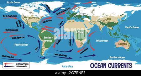 Le correnti oceaniche sulla mappa del mondo illustrazione di sfondo Illustrazione Vettoriale