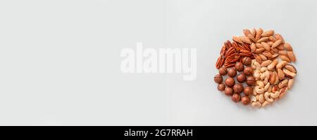 Vista dall'alto di noci pecan, brasiliane, anacardi, mandorle e noci di macadamia. Corretta composizione nutrizionale di assortiti NUTS modello verticale foto su grigio Foto Stock