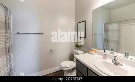 Interno bagno Pano con pavimento in legno e lavandino Foto Stock