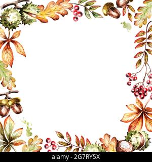 Autunno foglie sfondo quadrato. Illustrazione dipinta a mano con acquerello Foto Stock