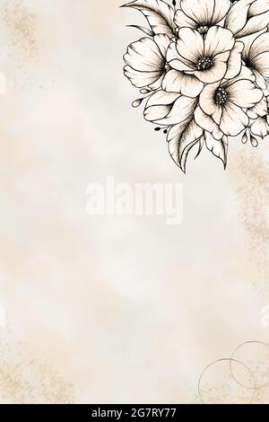 Biglietto d'invito floreale modello con bouquet di fiori d'arte di linea, sfondo astratto d'arte acquerello in stile vintage, illustrazione bohémien per il matrimonio Foto Stock