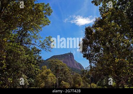 Paesaggio tropicale con Monte Corcovado sullo sfondo, Rio de Janeiro, Brasile Foto Stock