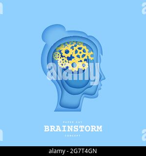Donna brainstorm testa in stile taglio di carta. Silhouette di esseri umani stratificati con think gears nel cervello. Origami cranio Profilo in papercut con il segno idea sul Illustrazione Vettoriale
