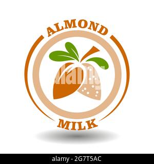 Semplice logo circolare latte di mandorle con conchiglie di noce a metà taglio circolare icona e foglie verdi simbolo per l'etichettatura del prodotto contengono naturale organico dolce mandorla o Illustrazione Vettoriale