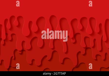 Sfondo rosso sciminato astratto in stile taglio di carta. Inceppamento strati di flusso verso il basso. Liquido viscoso che scorre lungo la parete. Gocce di fragola con silhouette Papercut Illustrazione Vettoriale