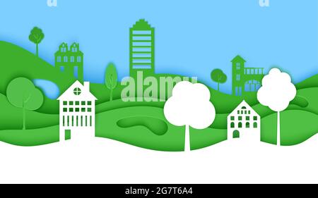 Alberi di carta ritagliati e costruire onde verdi e cielo blu. Modello in stile cartaceo tagliato per salvare i poster della Terra, le brochure sull'ecologia della città Illustrazione Vettoriale