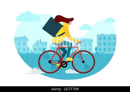 Corriere femminile con zaino in bicicletta e porta merci e cibo pacchetto sulla strada sobborgo. Giovane donna in bicicletta veloce eco servizio di consegna in campagna. Illustrazione eps vettoriale Illustrazione Vettoriale