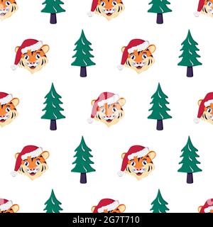 Modello senza cuciture con un albero di Natale e una tigre in un cappello rosso Santa Illustrazione Vettoriale