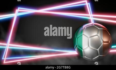 Palla di calcio in colori bandiera su sfondo astratto al neon. Irlanda. Immagine 3D Foto Stock