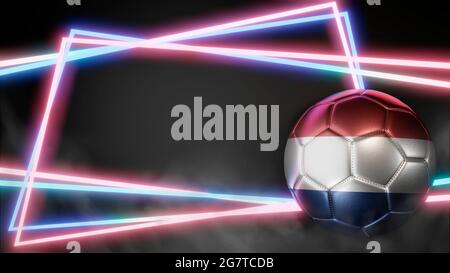 Palla di calcio in colori bandiera su sfondo astratto al neon. Paesi Bassi. Immagine 3D Foto Stock