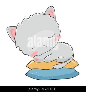 Gatto carino dormire sui cuscini. Illustrazione vettoriale. Illustrazione Vettoriale