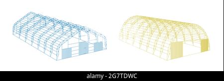 Tenda tenda per teloni tenda per tenda per teloni magazzino temporaneo esposizione tunnel sala aerei hangar progetto set. Costruzione del fienile struttura a struttura di carcassa a reticolo. Cancella cornice di taglio. Illustrazione isometrica eps vettoriale Illustrazione Vettoriale
