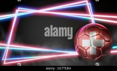 Palla di calcio in colori bandiera su sfondo astratto al neon. Svizzera. Immagine 3D Foto Stock