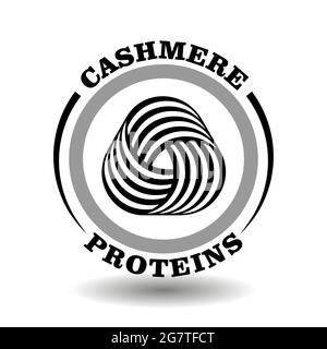 Logo creativo rotondo proteine di Cashmere con icona a forma di maglia triangolare in lana circolare simbolo di lavaggio, i kerseymere contengono il segno di etichetta del prodotto cosmetico Illustrazione Vettoriale