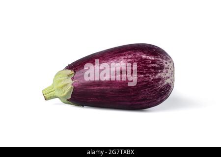 Un grafitti di melanzane dal aspetto realistico tipo a variazione a forma di goccia con striato di violetto con pelle bianca avorio isolata su bac bianco Foto Stock