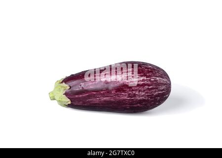 Un grafitti di melanzane dal aspetto realistico tipo a variazione a forma di goccia con striato di violetto con pelle bianca avorio isolata su bac bianco Foto Stock