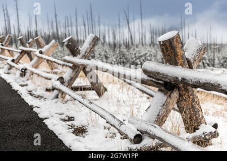 Particolare attenzione alle pareti in legno realizzate da tronchi coperti di neve dopo una forte tempesta di neve nella stagione invernale del parco nazionale di Yellowstone. Foto Stock