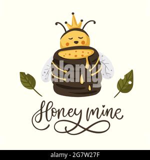 Carino ape cartone animato con il design illustrazione barile miele con scritta citazione divertente. Insetto amore animale bumblebee miele biglietto d'auguri. Miniera di miele. Illustrazione Vettoriale