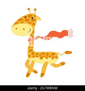 Felice giraffa africana. Giraffa cartoon in sciarpa rossa su sfondo bianco. Divertente personaggio cartoon. Cute baby print. Vettore. Illustrazione Vettoriale