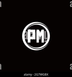 Monogramma lettera iniziale del logo PM con modello di disegno arrotondato a sezione circolare isolato su sfondo nero Illustrazione Vettoriale