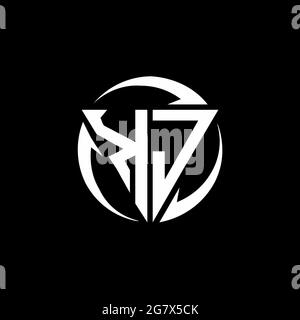 Logo KJ con forma triangolare e modello rotondo isolato su sfondo nero Illustrazione Vettoriale