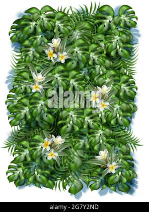 3d realistico sfondo di foglie tropicali con fiori frangipani. Illustrazione Vettoriale