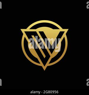 Monogramma con logo OV a forma di triangolo e cerchio arrotondato isolato su colori oro e modello di sfondo nero Illustrazione Vettoriale