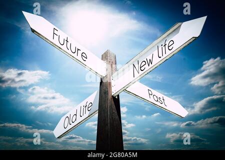 Futuro, passato, vita vecchia, concetto di vita nuova - cartello con quattro frecce Foto Stock