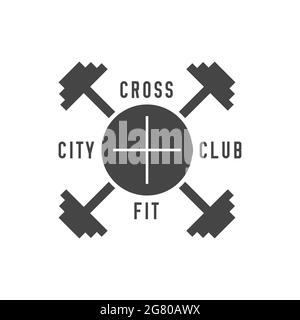 Club cittadino cross-fit. Palestra bodybuilding, emblema del centro fitness. Dumbbells incrociati. Illustrazione. Foto Stock